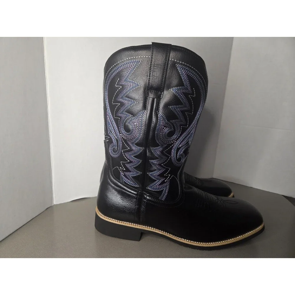 Black Men's Cowboy Western Embroidered Square Toe Boots